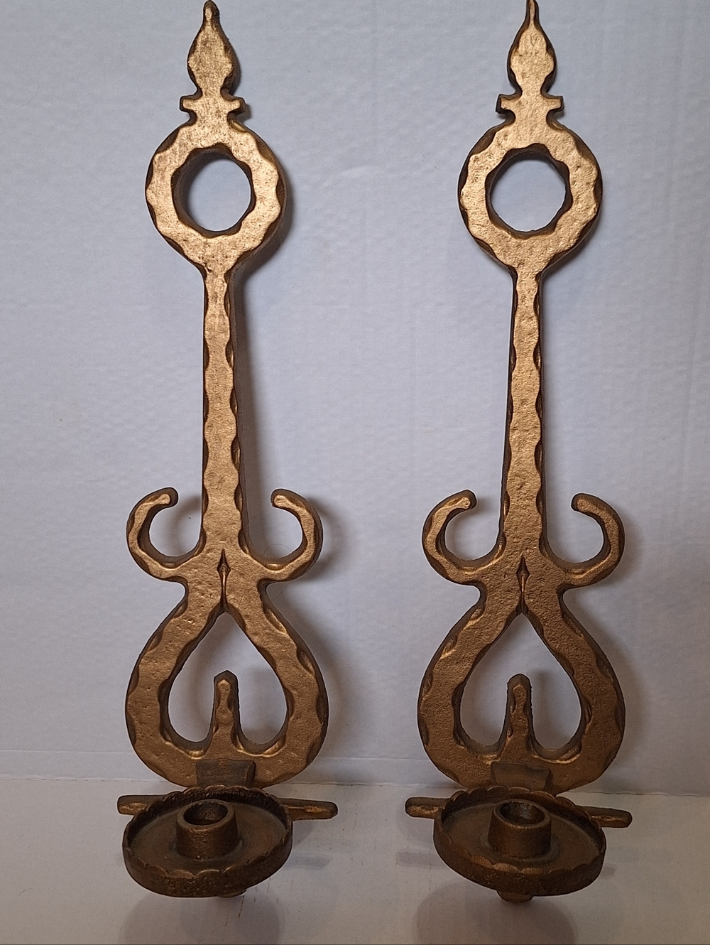 Pair No. 2. Vintage Cast Aluminum Candle Sconces with Gold Painted Finish Rustic